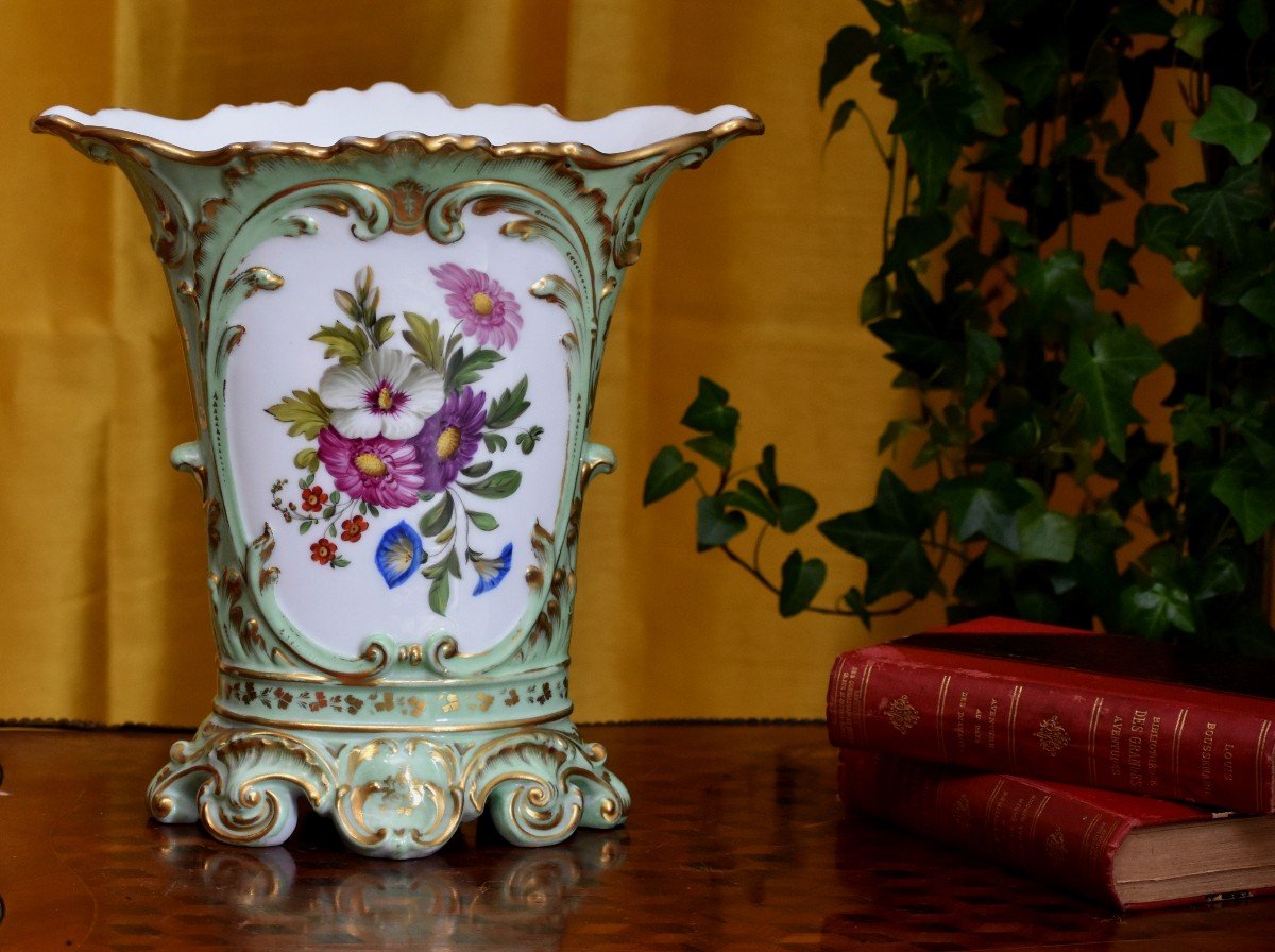 Limoges Porcelain Vase, Floral Decor, Two Bouquets Of Flowers, On A Celadon Background-photo-3