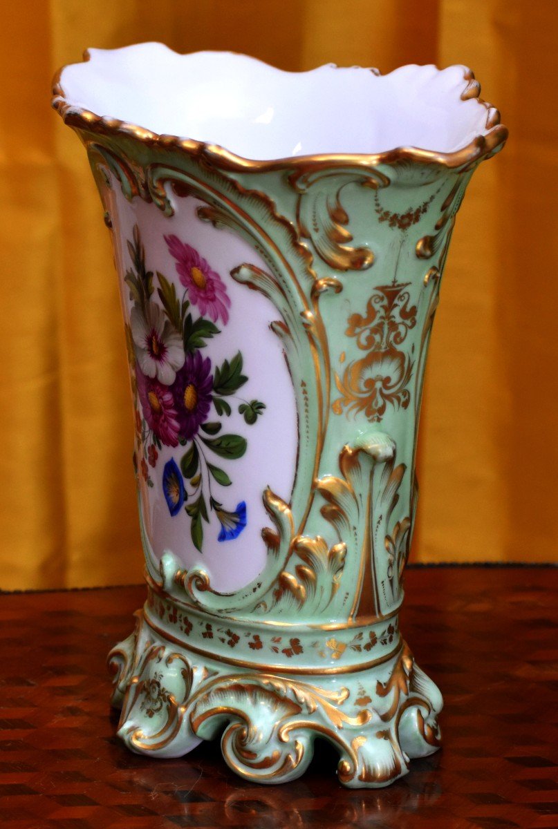 Limoges Porcelain Vase, Floral Decor, Two Bouquets Of Flowers, On A Celadon Background-photo-7