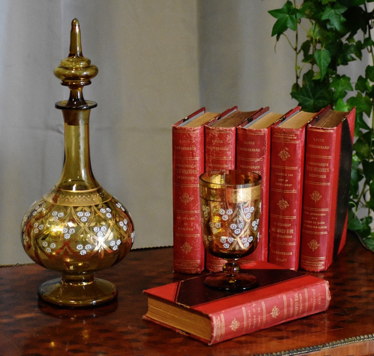 Night Service In Yellow Glass, Carafe And Stemware Enameled Floral Decor-photo-2