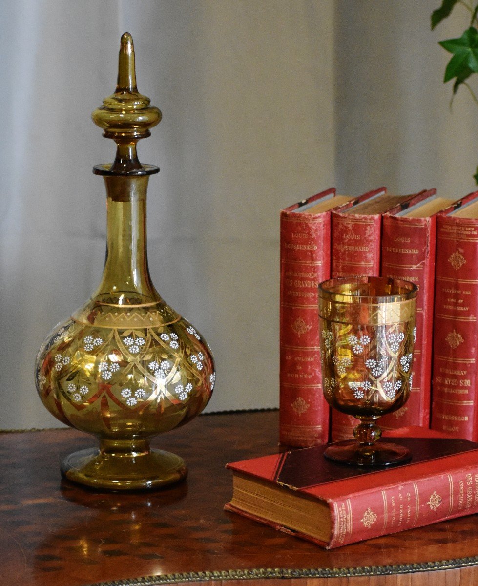 Night Service In Yellow Glass, Carafe And Stemware Enameled Floral Decor-photo-3