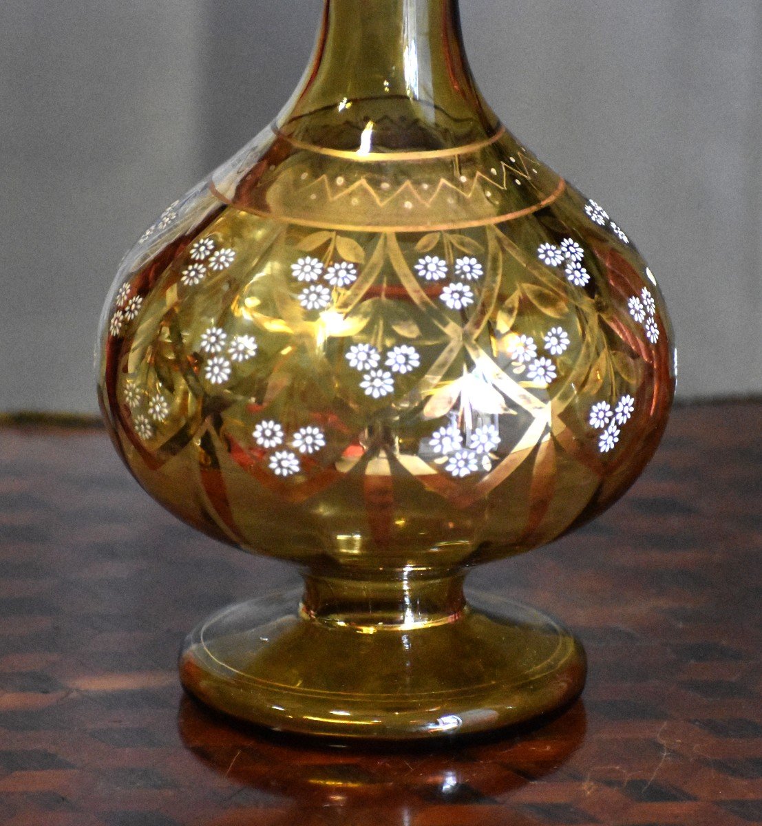 Night Service In Yellow Glass, Carafe And Stemware Enameled Floral Decor-photo-3