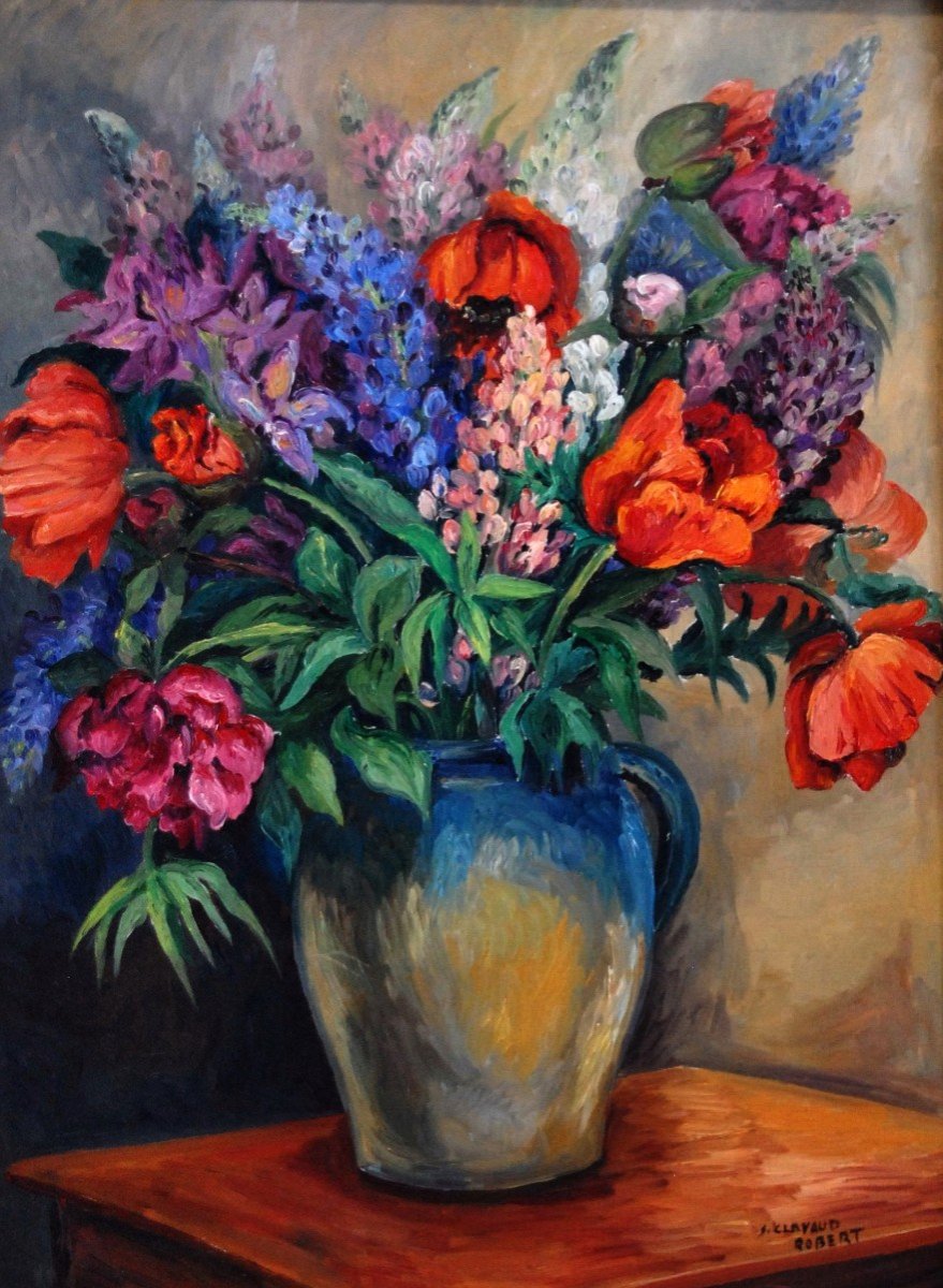 Large Framed Painting, Oil Painting On Canvas, Bouquet Of Flowers Signed Clavaud.-photo-2