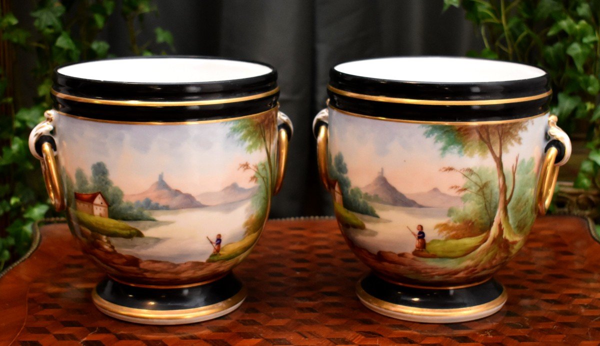 Pair Of Cache-pots In Old Paris Porcelain, Hand Painted Decor, Napoleon III Period, Nineteenth.-photo-2