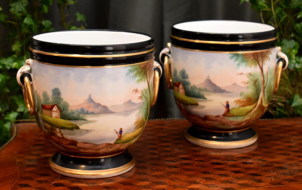 Pair Of Cache-pots In Old Paris Porcelain, Hand Painted Decor, Napoleon III Period, Nineteenth.-photo-3