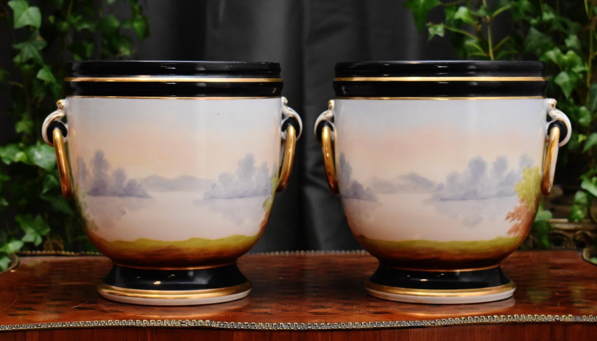 Pair Of Cache-pots In Old Paris Porcelain, Hand Painted Decor, Napoleon III Period, Nineteenth.-photo-1