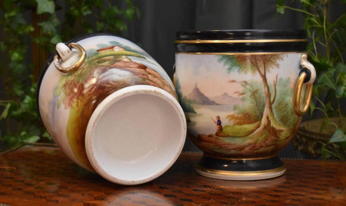 Pair Of Cache-pots In Old Paris Porcelain, Hand Painted Decor, Napoleon III Period, Nineteenth.-photo-3