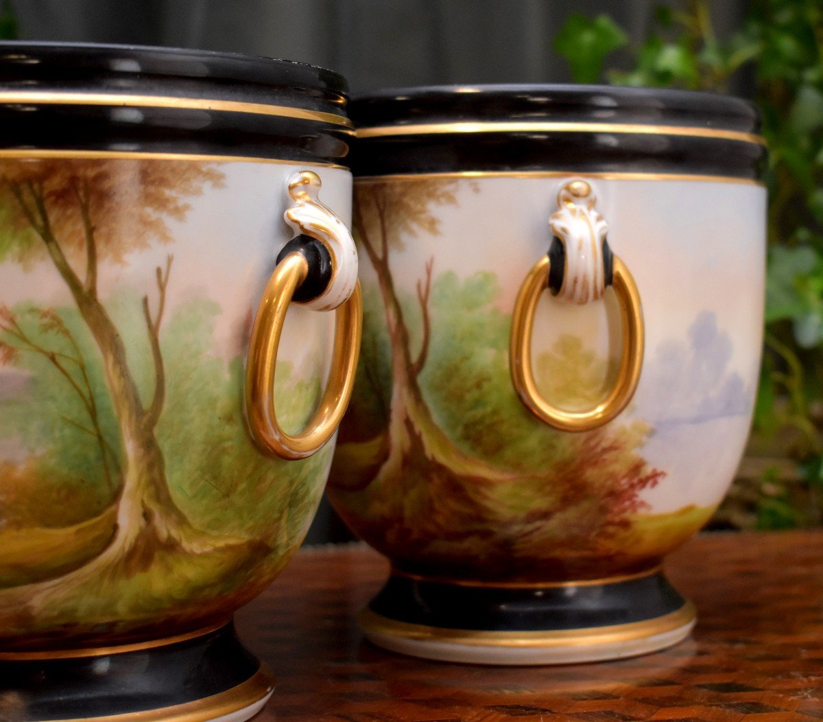 Pair Of Cache-pots In Old Paris Porcelain, Hand Painted Decor, Napoleon III Period, Nineteenth.-photo-5