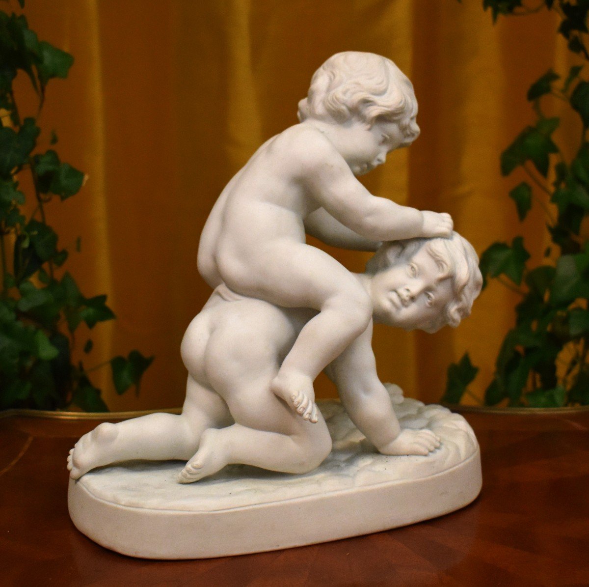 Groupe En Biscuit De Porcelaine, Statue De Putti à Califourchon d'Après René Charles Massé , enfants  jouant à saute - mouton .-photo-4