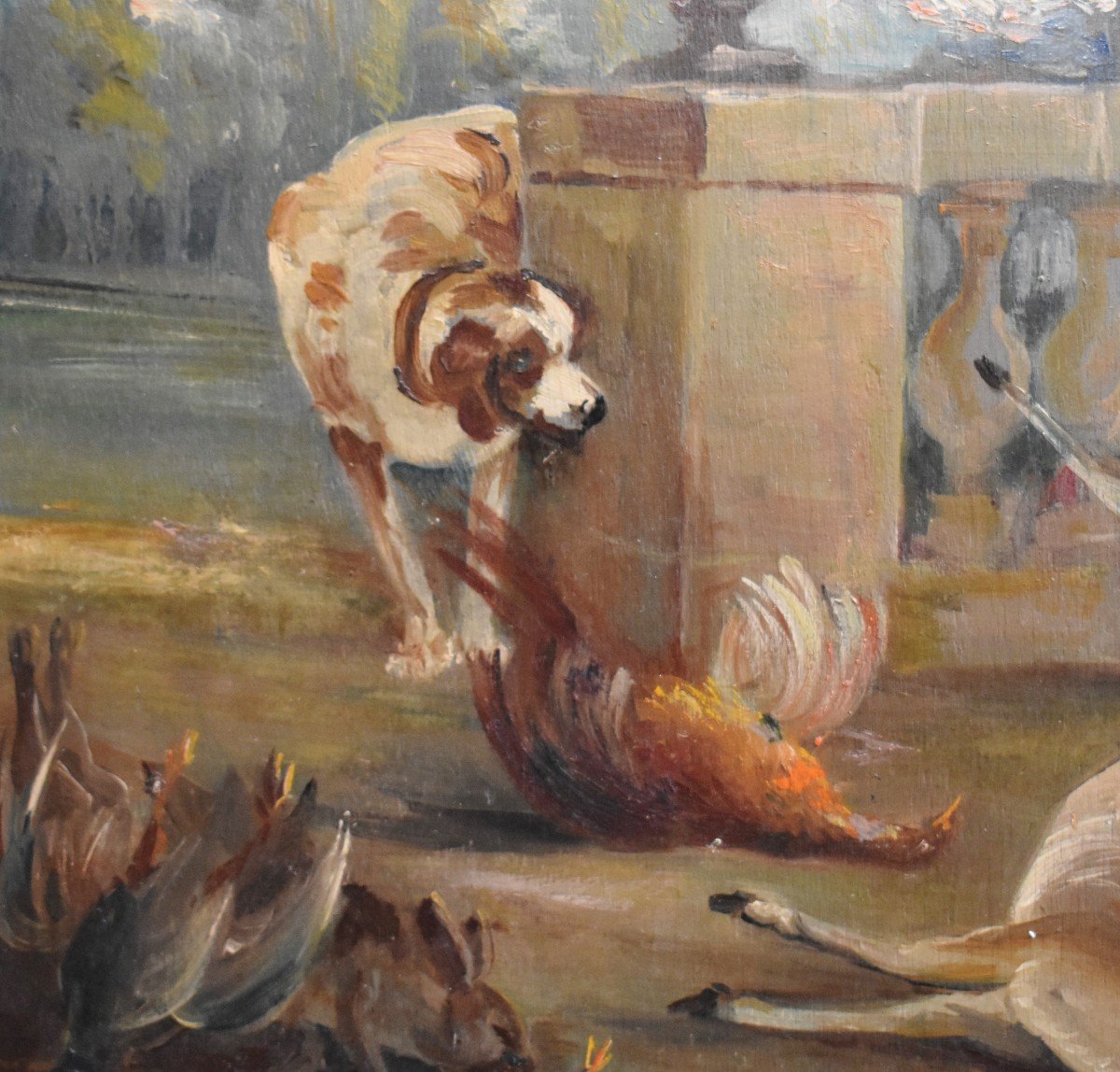 Simoneton Adrian (1862-1949). Oil On Panel, Hunting Dog And Game. Doe Pheasant-photo-2