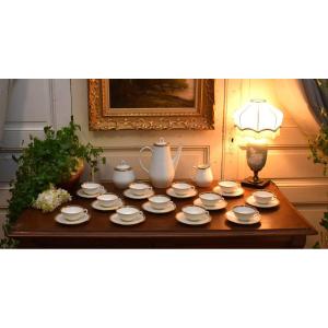 Coffee Or Tea Service In White Limoges Porcelain, Net And Frieze Decor In Fine Gold.