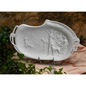 Limoges White Porcelain Biscuit Dish, Hunting Scene, Diana Huntress.