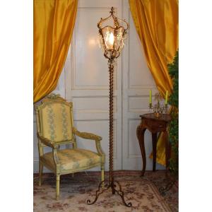 Florentine Floor Lamp In Wrought Iron And Sheet Metal, Painted Old Gold, Lantern Decor With Pampilles