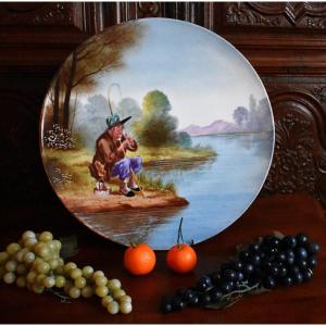 Important Decorative Dish (41 Cm) In Limoges Porcelain, Pouyat, Angler.