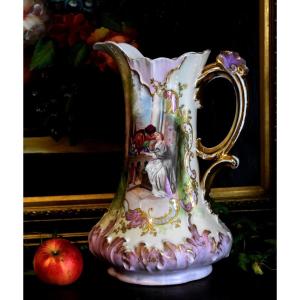 Large Vase - Pitcher, Ewer In Limoges Porcelain Decorated With Galante Scene Enhanced Hand