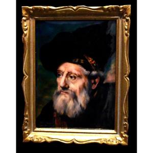 René Bonhomme, Email De Limoges, Plaque émaillée , Portrait d'Un  Vieil Homme d'Après Rembrandt. émaux sur plaque en cuivre martelée