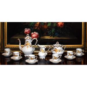 Limoges Porcelain Coffee Service, Decor Made With Gold Paste, And Hand Painted Fine Gold.