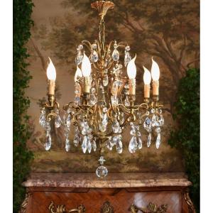 Large Bronze Chandelier And Cage Shaped Pendants, 8 Arms Of Light, Eight Lights.