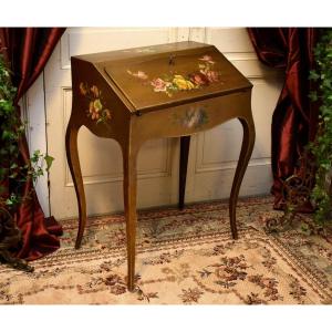  Bureau De Pente Peint à Décor De Fleurs sur  fond doré, Secrétaire de Dame Laqué  , Table écritoire Style Louis XV 