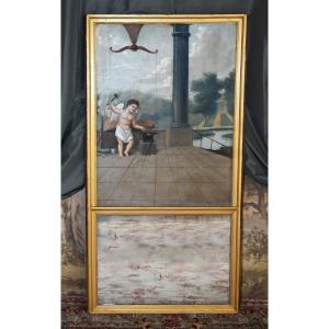 Grand Trumeau XIXe ,peinture   Huile Sur Toile Cupidon Forgeant Ses Flèches,  Tableau Et Miroir