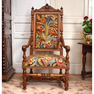 Large Renaissance Style Walnut Armchair, 19th Century Ceremonial Seat Fabric With Small Points
