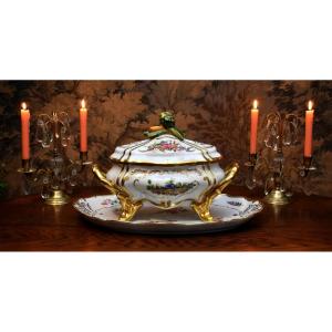 Important Tureen And Its Presentation Dish In Hand Painted Limoges Porcelain,