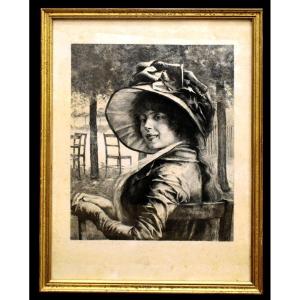 Gravure De Daniel Charles Marie Mordant d'Après  Albert Edelfelt. Portrait d'Une Jeune Femme au chapeau assise en extérieur, galante.