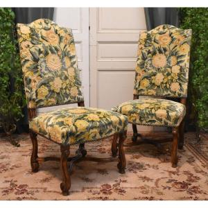 Pair Of Louis XIV Style Chairs In Walnut, X-shaped Crotch, Console Feet
