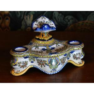 Antoine Montagnon, Nevers Earthenware Inkwell, Writing Case With Two Buckets And Quill Holder.