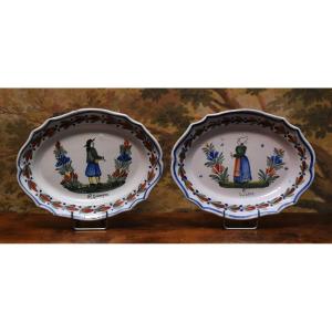 Henriot Quimper, Pair Of Decorative Dishes, Couple Of Traditional Breton Characters,