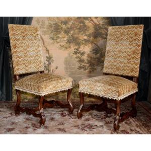 Pair Of Louis XIV Style Chairs In Walnut With Console Legs, Velvet Fabric With Herringbone Pattern