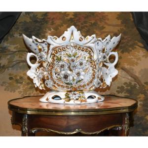 Large Cup, Limoges Porcelain Vase, Napoleon III Planter, Vase With Relief Decor.
