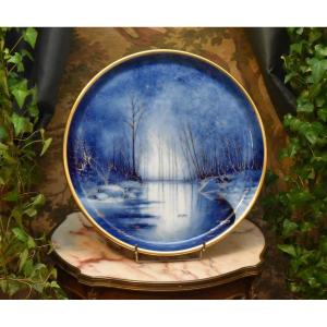 Large Porcelain Dish Decorated In Camïeu Of Blue And Gold By Desgropes - Ateliers Pastaud Limoges