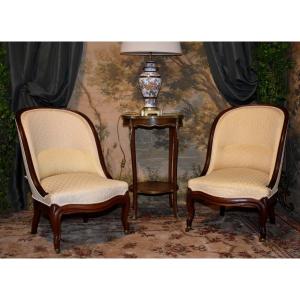 Pair Of Louis Philippe Low Chairs , Gondola Backrest In Mahogany, 19th Century Seats 