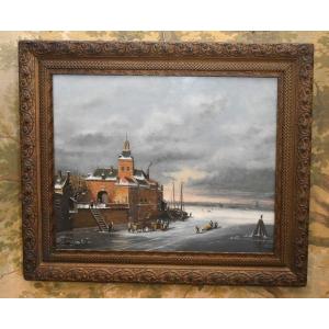 R Kraats, Winter Landscape Painting, Animated Scene On Frozen Lake, Northern School, 