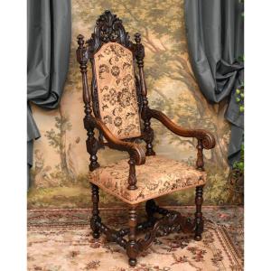 Important Neo-renaissance Style Armchair In Solid Walnut, Openwork Carved Ceremonial Seat