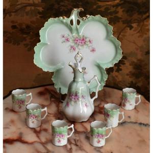 Porcelain Liqueur Service With Floral Decor, Including 6 Glasses, 1 Carafe And 1 Tray