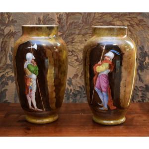 Pair Of Opaline Glass Vases, Opaline Decorated With Renaissance Soldiers, Lance And Halberd