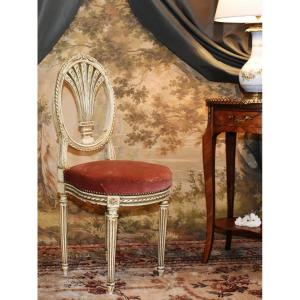 Louis XVI Style Chair In Cream Lacquered Wood, Hot Air Balloon Backrest, Napoleon III Period