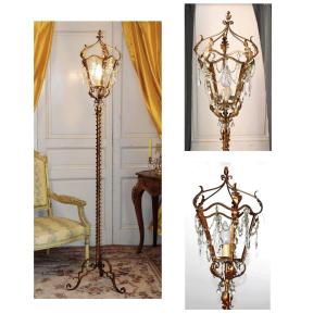 Large Florentine Floor Lamp, Wrought Iron, Tassels, Floor Lantern On Old Painted Base 