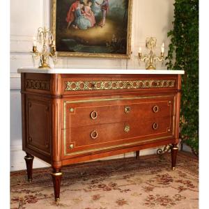 Louis XVI Style Inlaid And Bronze Ornamented Commode, Marble Top And Marquetry