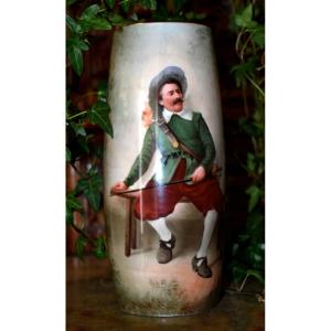 Mavaleix Limoges Porcelain Vase With Musketeer Decor, Hand Painted Military Figure