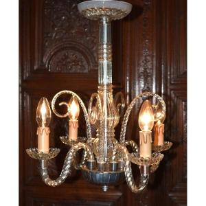 White Twisted Crystal Murano Chandelier, 4 Light Arms, Glass Pendant Light Italy