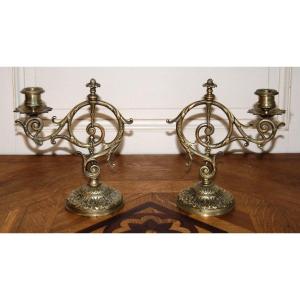 Pair Of Bronze Candlesticks With One Light Arm, Rare 19th Century Model