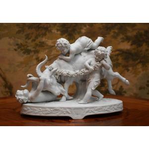 Porcelain Biscuit Group, Subject With Goat And Cupids, Statue Of Cherubs, Sculpture With Putti