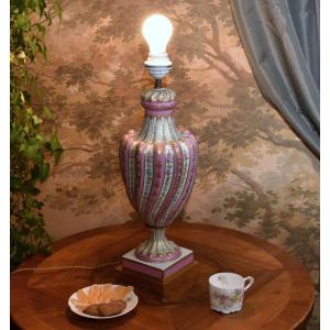 Large Baluster-shaped Lamp Base With Gadroons And Torses, In Paris Porcelain, Floral Decor