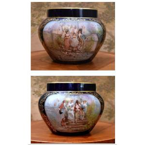 Important Blue Porcelain Cache Pot, Michelaud Fres Limoges, Galante Scene Decor  