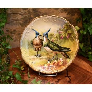 Golse , Grand Plat Décoratif En Porcelaine Maas Sigismond Limoges , Oiseaux , Peint Main , 1898