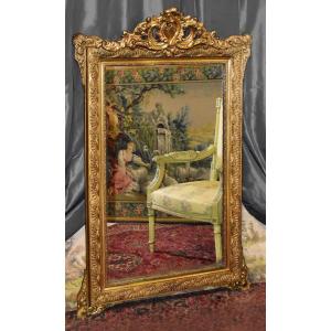 Large Louis XV Style Pediment Mirror, Napoleon III Period, Wooden Mirror And Gilded Stucco   