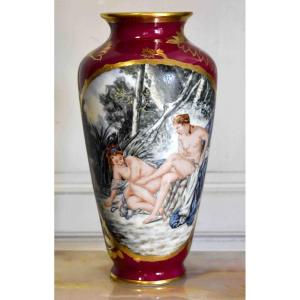 Large Limoges Porcelain Vase, Hand Painted Decor, Diane Coming Out Of The Bath By Bouchet