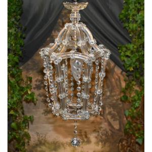 Lustre De Forme Lanterne, suspension  -  plafonnier  En Verre De Bohème, Guirlande De Perles   